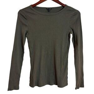 Massimo Dutti Long Sleeve Olive Green Ribbed Cotton Spandex Top Size Medium